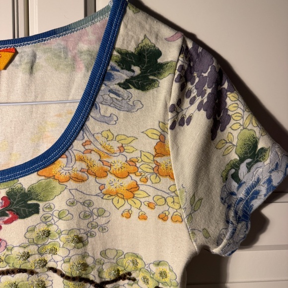 Vintage beaded Multicolor Japanese inspired Floral Crop T-shirt - fits like L - Picture 4 of 14